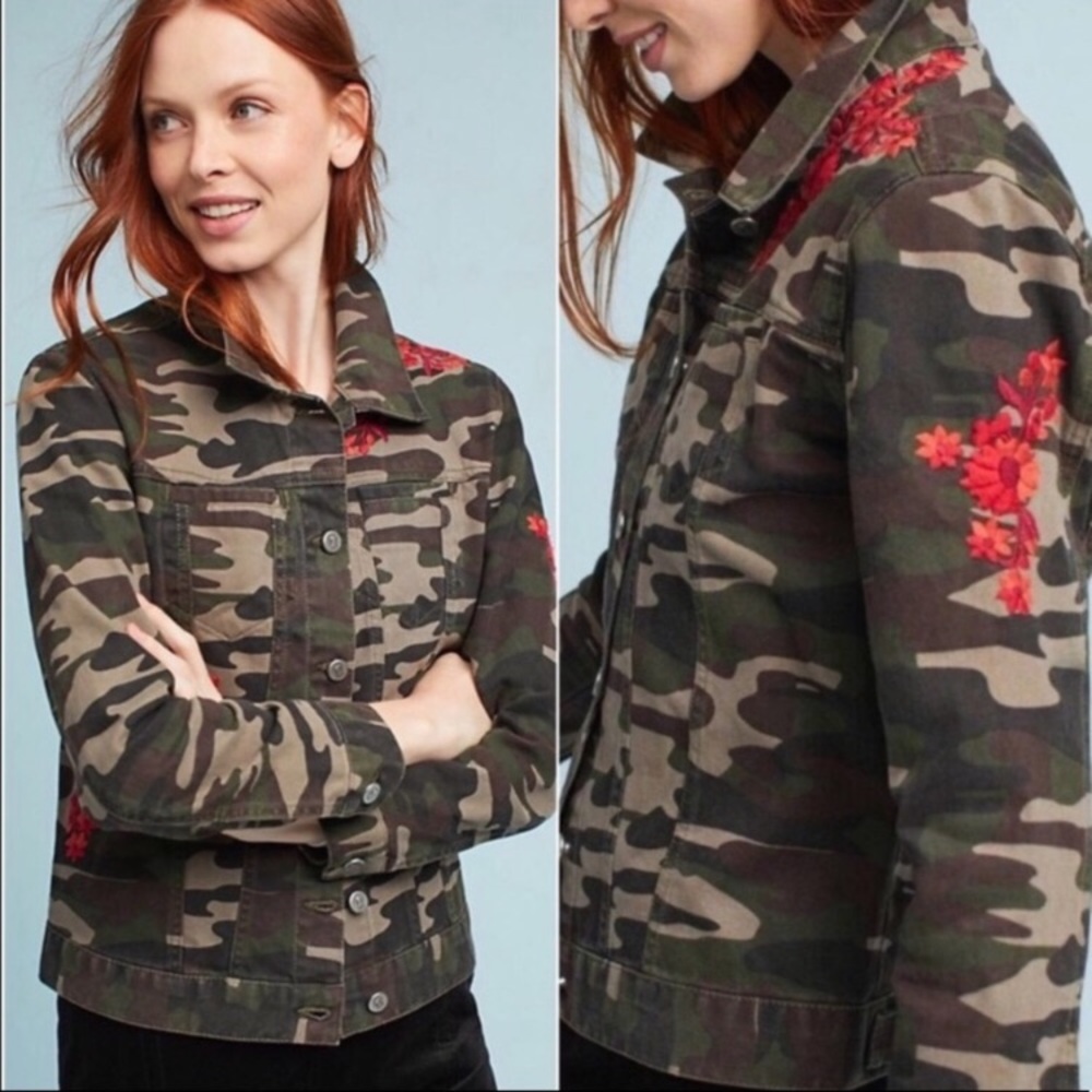 Pilcro and the Letterpress Camouflage Jean Jacket with Red Floral Embroidery